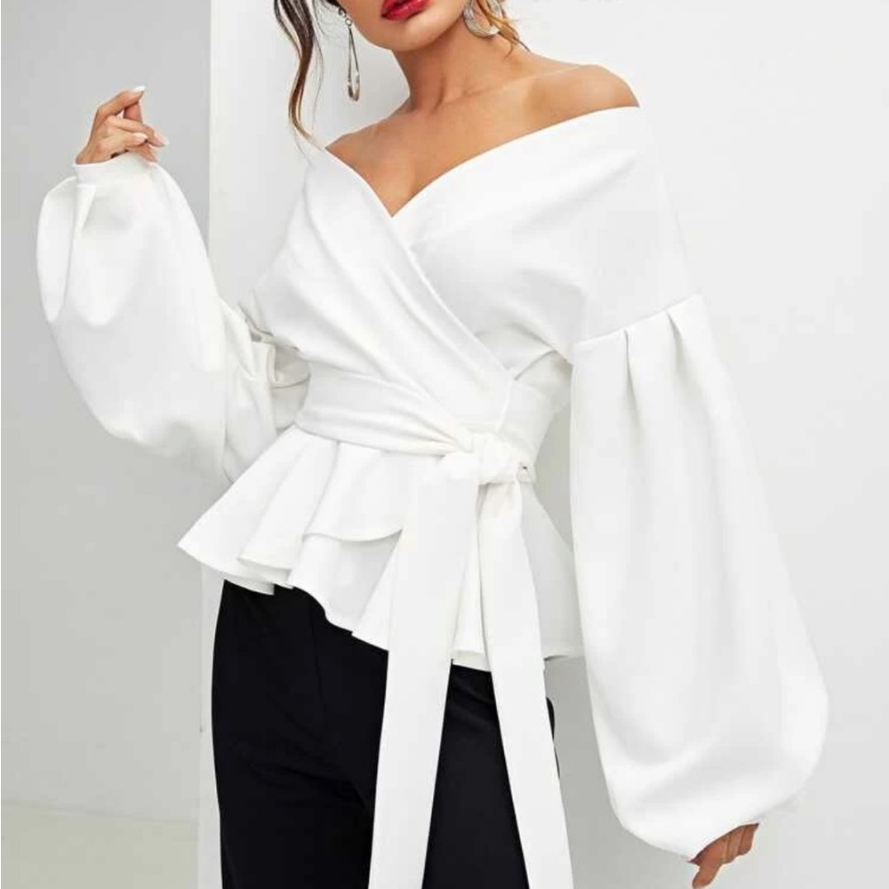 SHEIN Unity Lantern Sleeve Surplice Belted Peplum Blouse